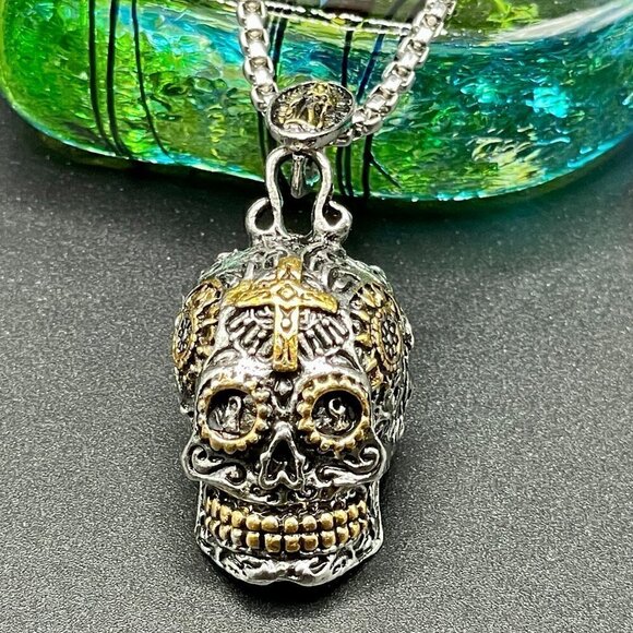 Day of the Dead Sugar Skull Cross Necklace / Pendant #863 - Picture 3 of 11